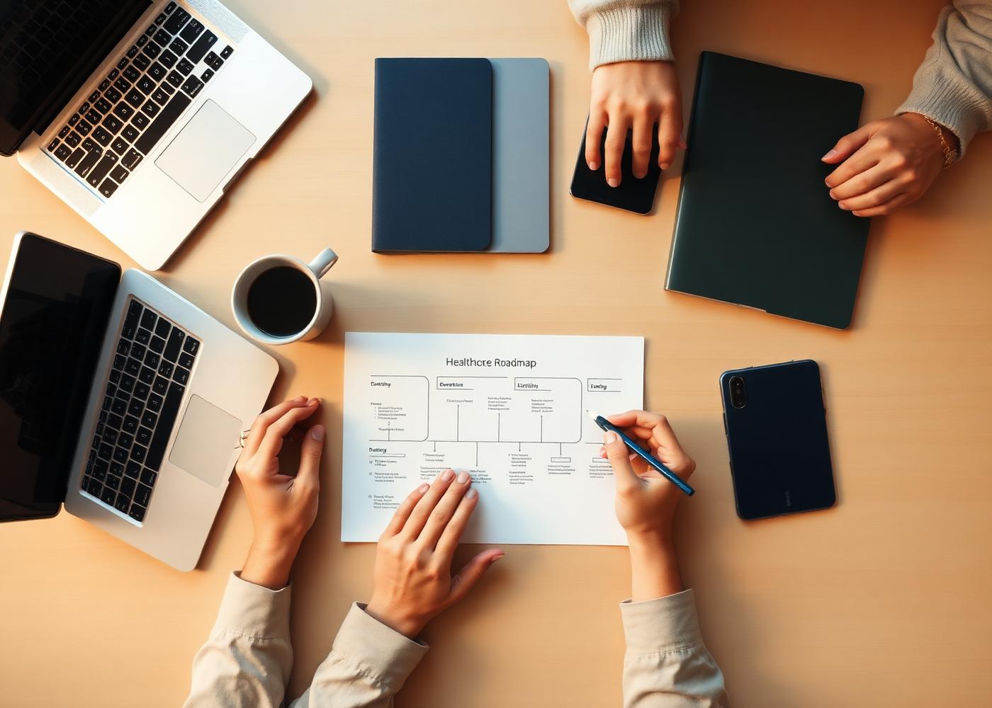 Overhead view of a healthcare product strategy meeting with laptops and a printed roadmap