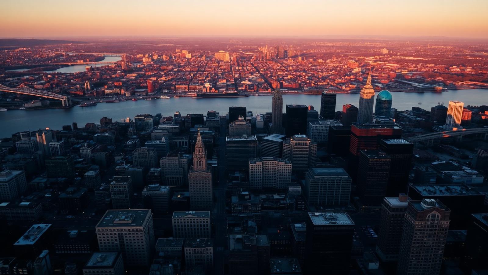 Aerial view of the Boston skyline at golden hour
