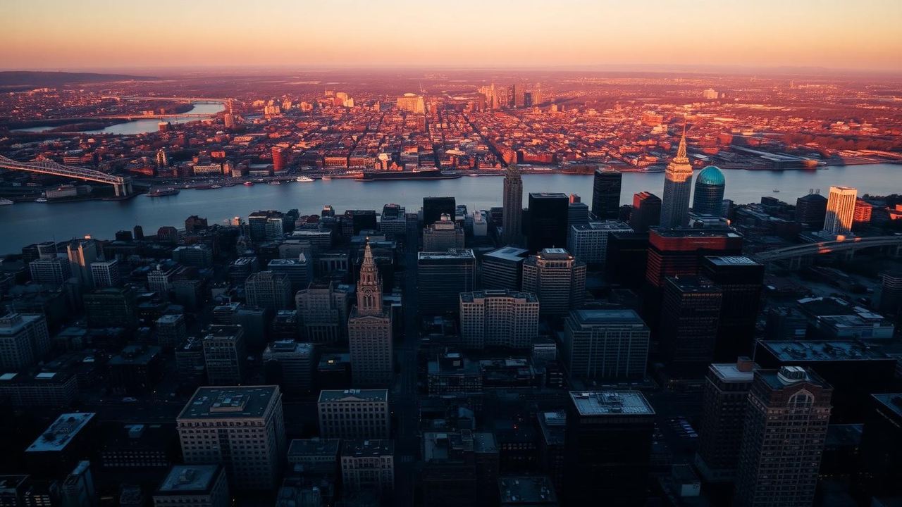 Aerial view of the Boston skyline at golden hour