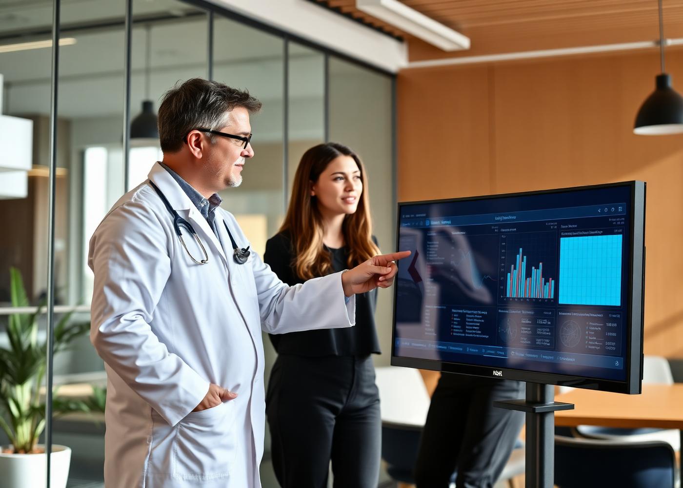 Physician advisor reviewing clinical data on a large monitor with a healthcare startup founder