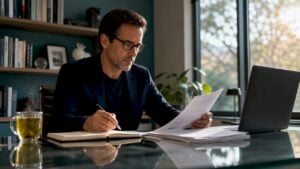 Physician reviewing clinical research papers at desk